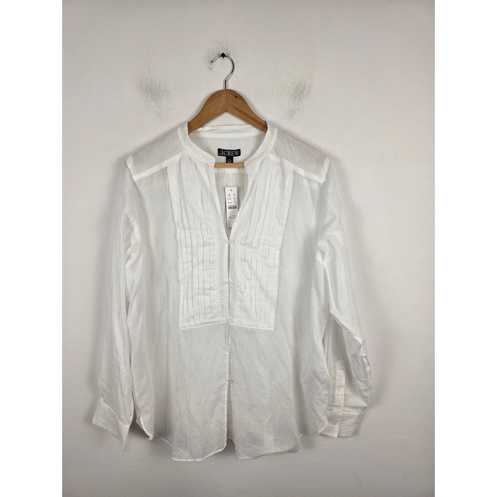 J.Crew White Pleated Bib Cotton Voile Band Collar Top CP977 Size 16 NEW